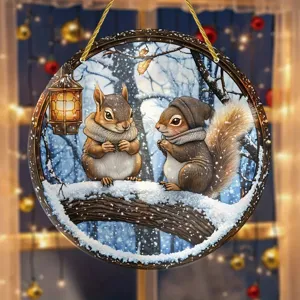 Acrylic sun catcher window hanging with cute winter squirrels, festive home decor.