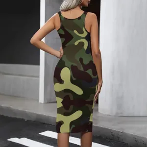 Women's camouflage sleeveless tank bodycon dress detail view, showcasing the fitted design.