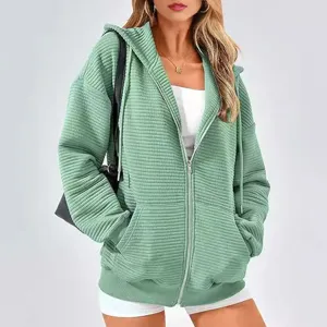 Women Casual Long Sleeve Solid Color Zip Up Hoodie Pocket Sweatshirt Detail Image