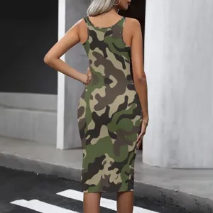 Camouflage print sleeveless bodycon midi dress showcasing fitted design details and urban style.