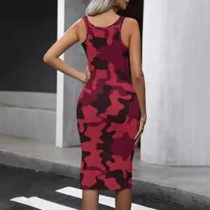 Red camouflage sleeveless bodycon tank dress detail showing fitted silhouette and print.