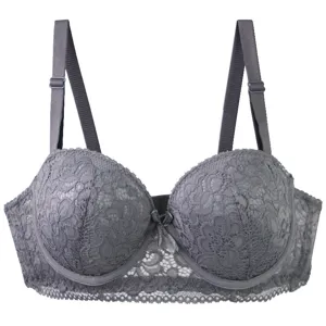 Detailed view of the gray lace underwire push up bra showing delicate floral lace design.
