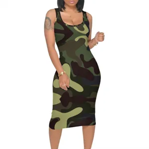Detailed view of the sleeveless camouflage bodycon midi dress, showing slim fit and print.