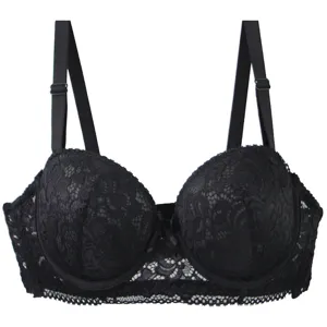 Detailed view of black lace underwire push-up bra featuring adjustable straps and delicate trim.