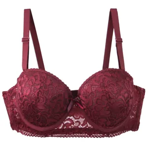 Wine red lace push-up bra detail shot featuring underwire support and longline design.