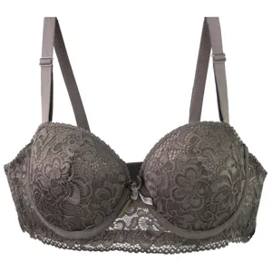 Detailed view of grey lace underwire bra showing delicate floral pattern and adjustable straps.