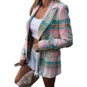 Women colorful plaid blazer jacket casual lapel long sleeve autumn outerwear fashion