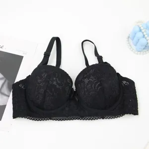 Detailed view of the black lace bra featuring underwire support and floral embroidery.