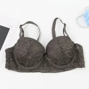 Detailed view of the dark grey lace push-up bra, featuring delicate floral lace and support.