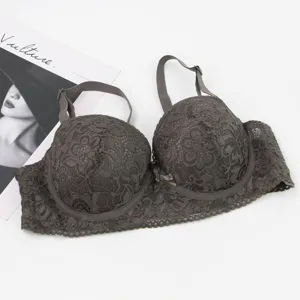 Detailed view of the dark grey plus size lace push up bra with underwire and delicate floral.