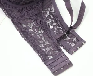 Close-up detail of women purple lace bra back strap and hook closure, delicate floral.