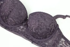 Dark purple lace push-up underwire bra for women, sexy floral lingerie detail view.