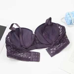 Purple lace bra with underwire, push-up design, adjustable straps and hook-and-eye closure.