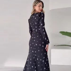 Elegant black long sleeve floral print maxi dress with slim waist design for women detail view.