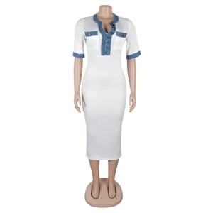 Women V-Neck Denim Patchwork Bodycon Dress Elegant Casual Short Sleeve Slim Midi Dress