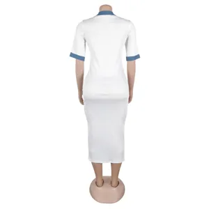 Women's white bodycon midi dress featuring stylish denim patchwork trim on collar and sleeves.
