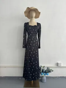 Elegant long sleeve floral print dress with waist-cinching design for women daily wear