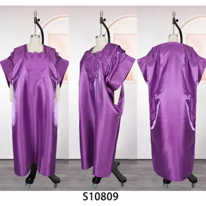 Detailed view of the purple satin maxi dress featuring exquisite collar embroidery.