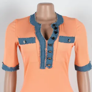 Stylish Women Orange Ribbed Knit Denim Patchwork V-Neck Short Sleeve Bodycon Mini Dress