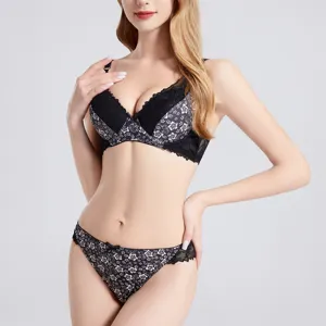 Conjunto de lencería de sujetador y bragas con estampado floral de encaje sexy para mujer detalle.