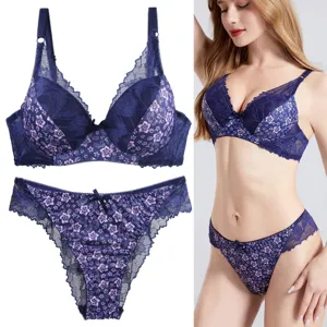 Conjunto de Lencería Sexy para Mujer con Estampado Floral y Patchwork de Encaje Sujetador Push Up con Aros y Braga Top And Bottom