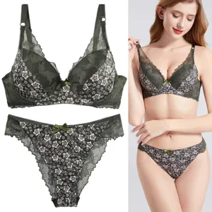 Conjunto de sujetador y bragas de encaje floral sexy para mujer, lencería verde oscura.