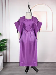 Plus size purple satin square neck embroidered long kaftan dress for women elegant casual maxi