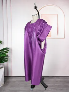 Purple satin long robe detail, square collar with delicate embroidery, loose casual fit.