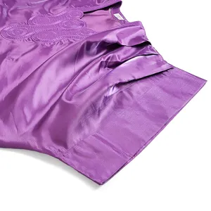 Purple satin embroidered long dress detail, elegant plus size loose robe for women fashion.