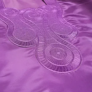 Purple satin dress neckline detail, intricate embroidery craftsmanship, elegant style.
