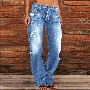 Women washed blue distressed flared jeans slim fit vintage denim long trousers casual wear