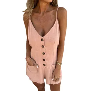 Women summer cotton linen V-neck spaghetti strap button romper casual shorts jumpsuit front view