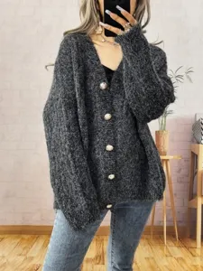 Mujer vintage engrosada cuello V manga larga botonadura simple cardigan jersey gris oscuro