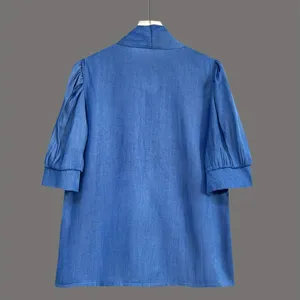 Women denim blouse vintage half high neck puff sleeve casual elegant chic top apparel