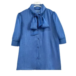 Women elegant solid color bow tie mid sleeve blouse blue denim casual shirt top apparel