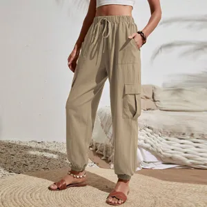 Γυναικείο Casual Cargo Παντελόνι Monόχρωμο Φαρδιά Γραμμή Ψηλόμεσο Κορδόνι Ρεβέρ Μακρύ Παντελόνι Streetwear με Τσέπες