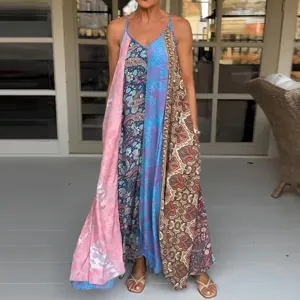 Vestido largo maxi bohemio estampado patchwork sin mangas con tirantes para vacaciones de verano.