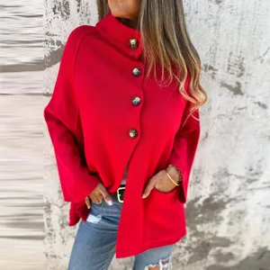 Rode gebreide cardigan detail, lange mouwen, reverskraag en grote knopen voor dames.