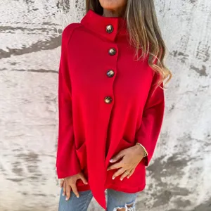 Dames rode gebreide cardigan casual lange mouwen knoop up trui jas voor herfst en winter