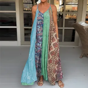 Vestido largo patchwork boho, vestido largo de vacaciones sin mangas, estilo holgado talla grande.