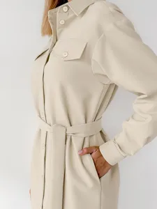 Beige Revers Langarm Gürtel Minikleid Retro Tasche Hemdbluse Casual Damenmode Neu