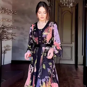 Summer floral long sleeve midi dress two-piece set with camisole for women elegant style