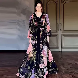 Elegant floral long sleeve maxi dress detail view, stylish two-piece set for women.