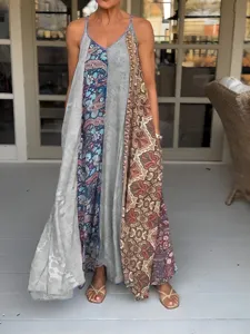 Vestido largo bohemio estampado patchwork sin tirantes finos, vestido veraniego de talla grande.