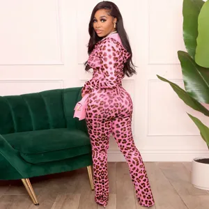Damen sexy rosa Leopard Muster Langarm Hoodie und enge Hosen zweiteiliges Set Streetwear
