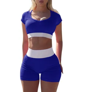 Damen Rippstrick Crop Top und Shorts Yoga Set Freizeit Sportbekleidung blau weiß