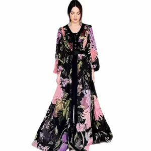 Elegant floral long sleeve maxi dress two-piece set with V-neck and vibrant print.