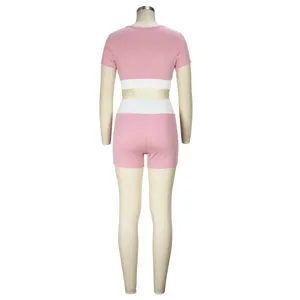 Damen Farbblock Kurzarm Crop Top und Shorts Set Sportbekleidung Yoga Fitness Outfit