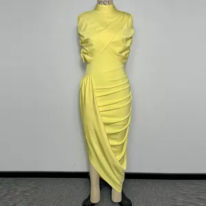 Elegant yellow high elasticity wrap dress cape two-piece set for women party evening