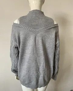 Women Grey Cold Shoulder High Neck Cable Knit Sweater Casual Loose Pullover Winter Top
